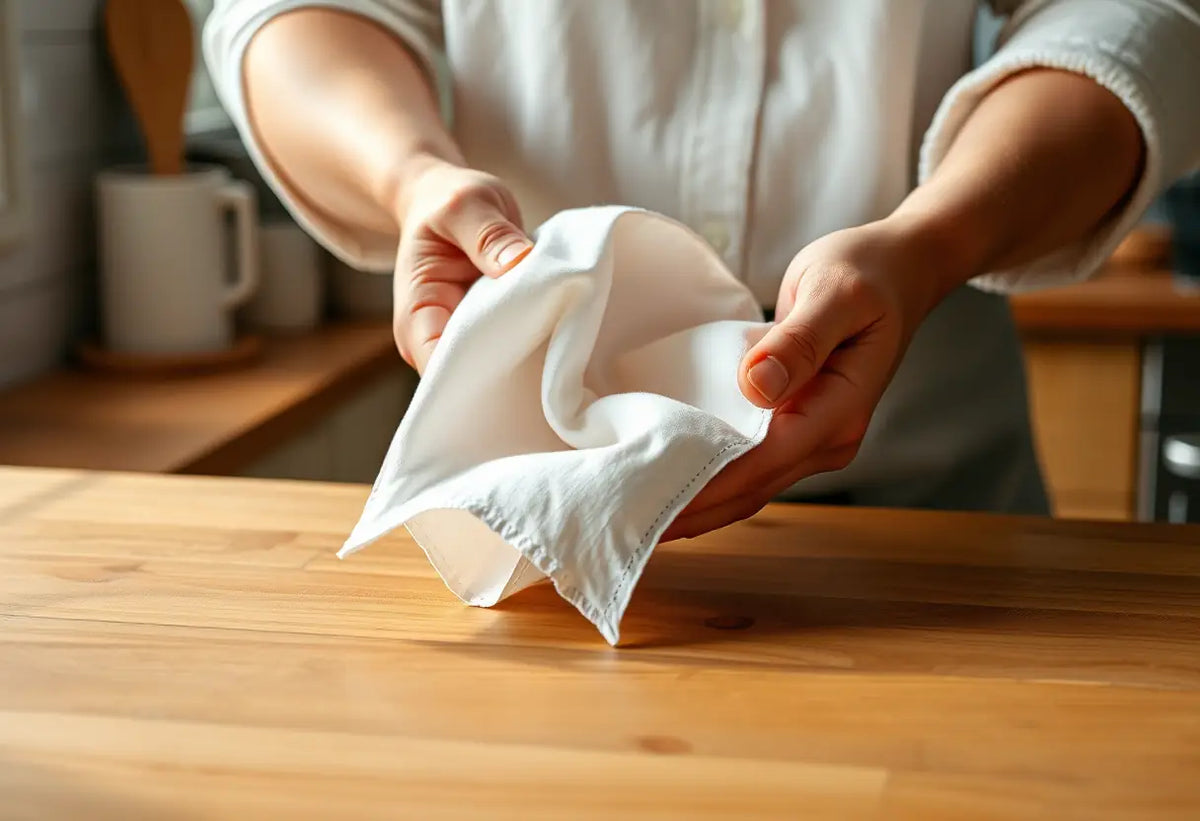 Des mains plient soigneusement un mouchoir en coton blanc sur un comptoir en bois dans une cuisine accueillante.