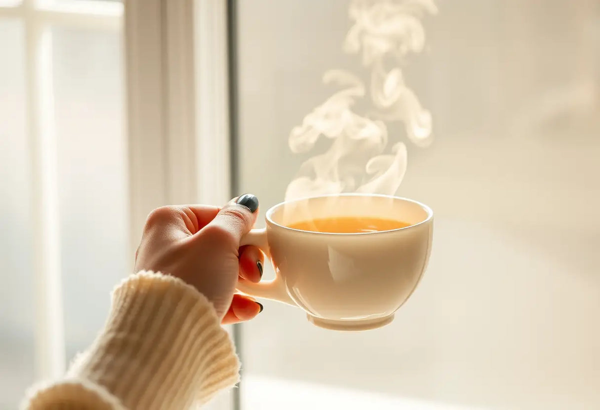 Une main tenant une tasse de thé, les rayons du soleil traversent la fenêtre
