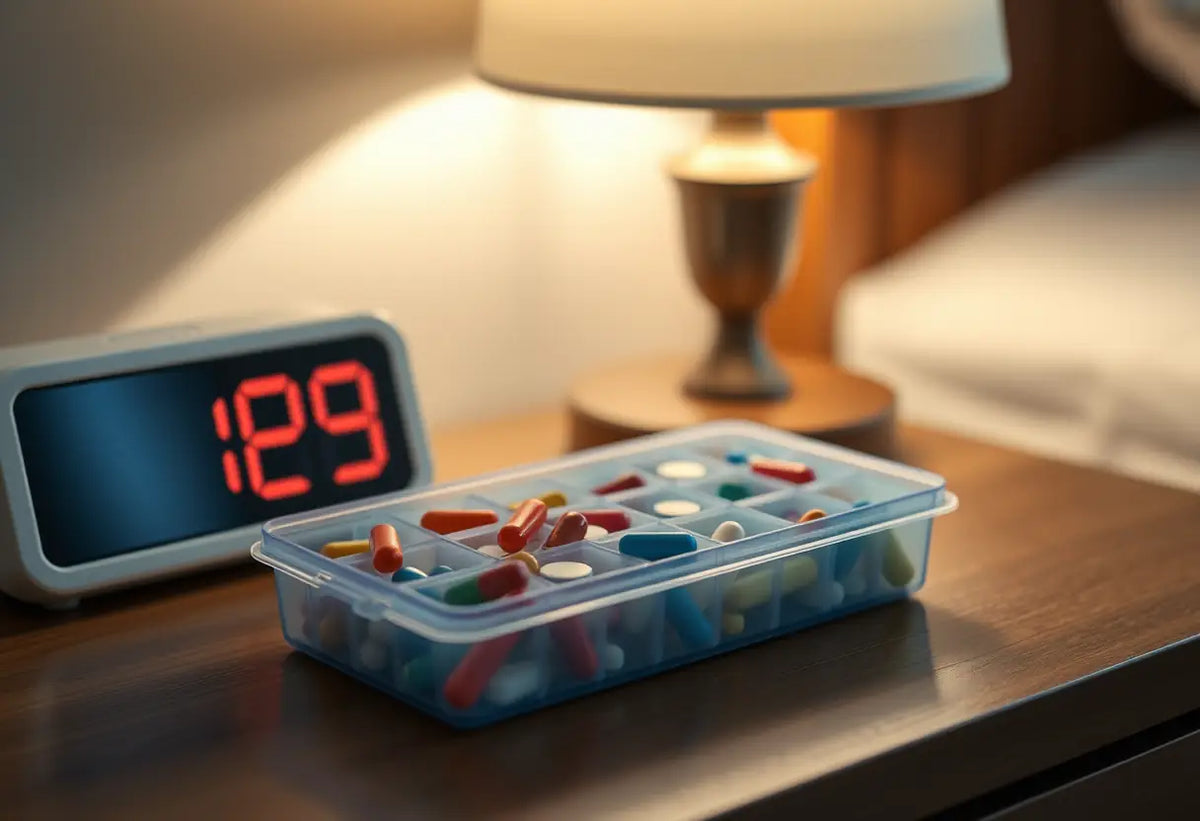 Boîte d'ordonnance avec médicaments multicolores sur chevet