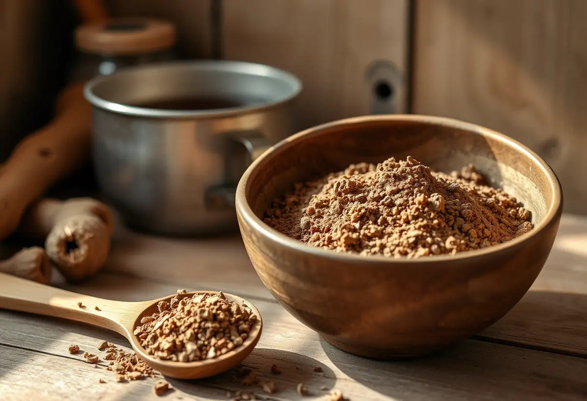 Une cuillère en bois près d'un bol contenant du maca écrabouillé