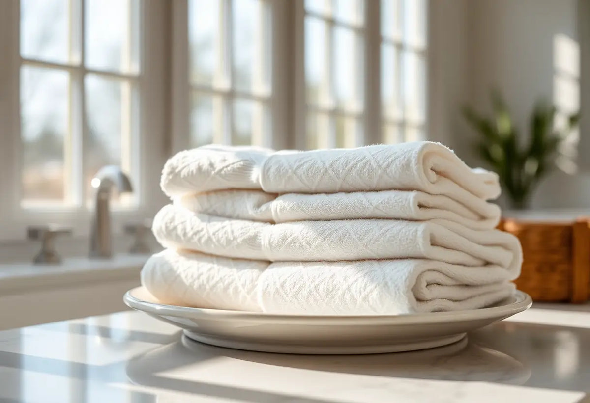 Des serviettes en coton doux posées sur une assiette blanche dans une salle de bains ensoleillée.