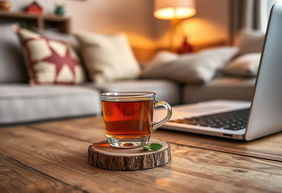 Tasse de thé herbes posée sur un guéridon dans un salon confortable