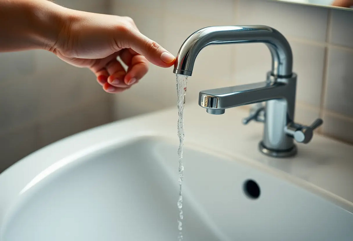 Une main tourne le robinet dans la salle de bains