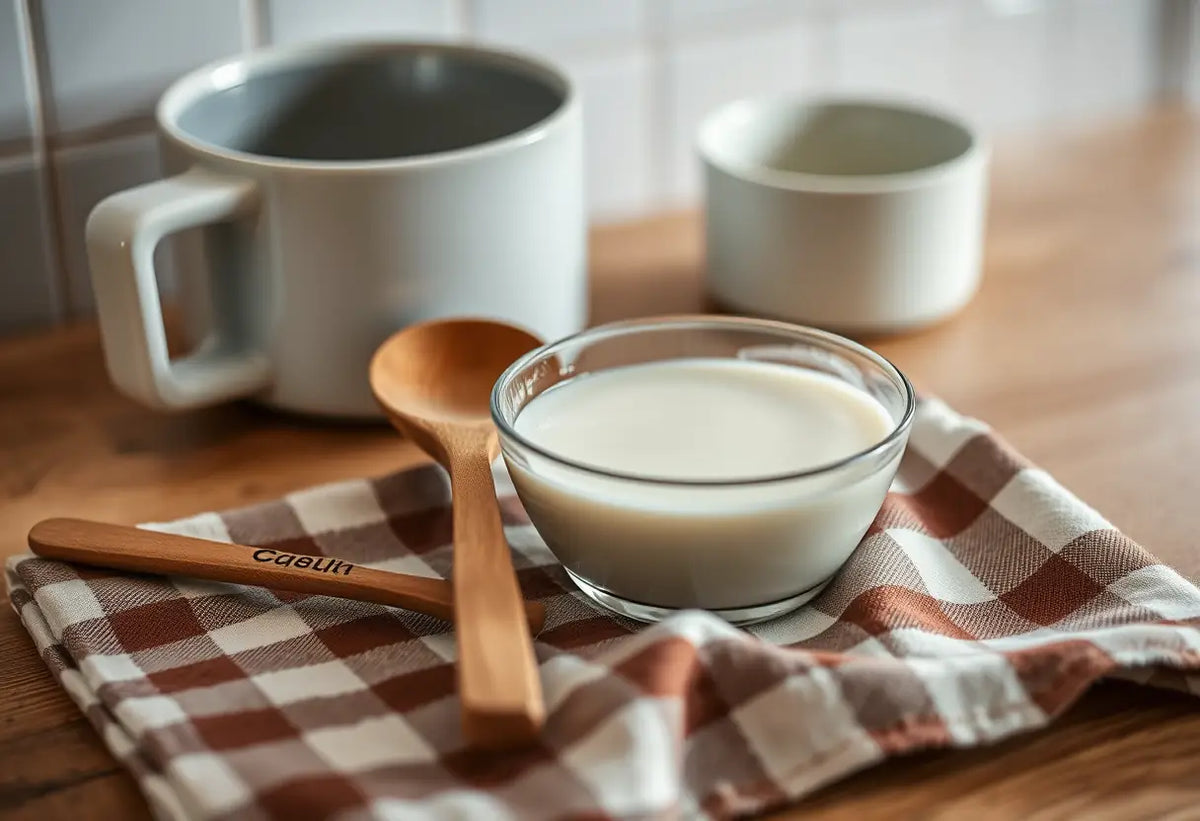 Cuillère et bol de lait chaud dans la cuisine, allaitement