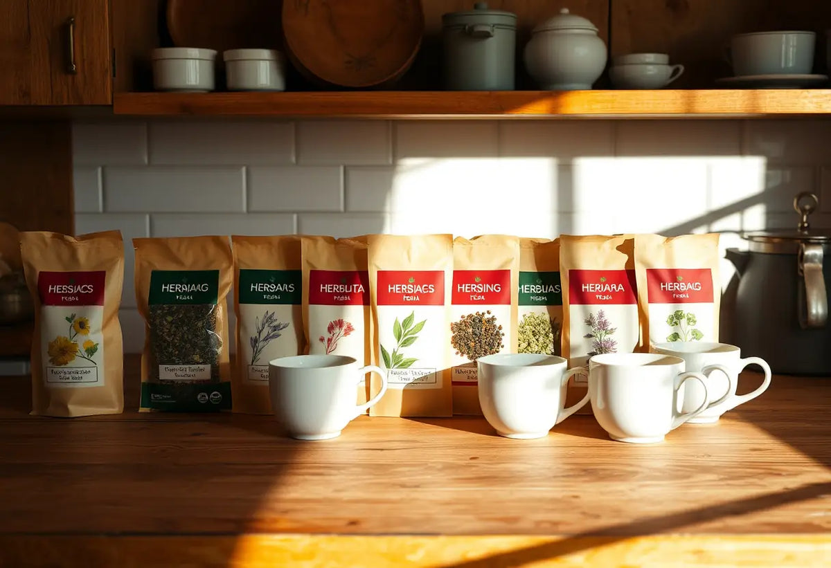 Thés en herbes disposés sur un comptoir de cuisine rustique