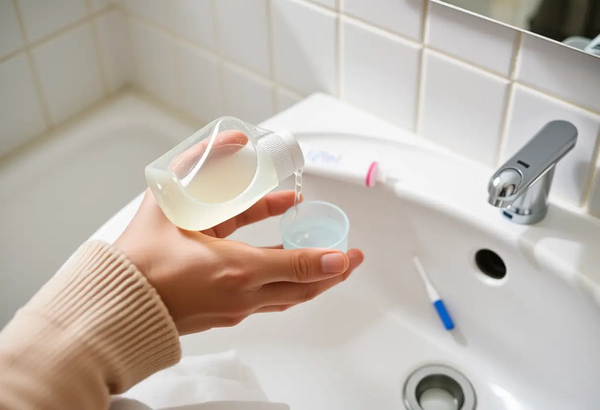 Une main verse un gel contraceptif dans une salle de bain