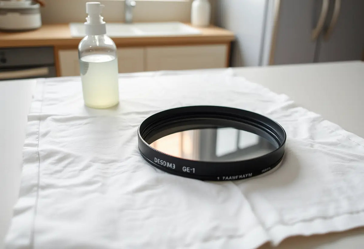 Un diaphragme rond repose sur un torchon blanc posé sur un plan de travail de cuisine, près d'une bouteille contenant un gel.