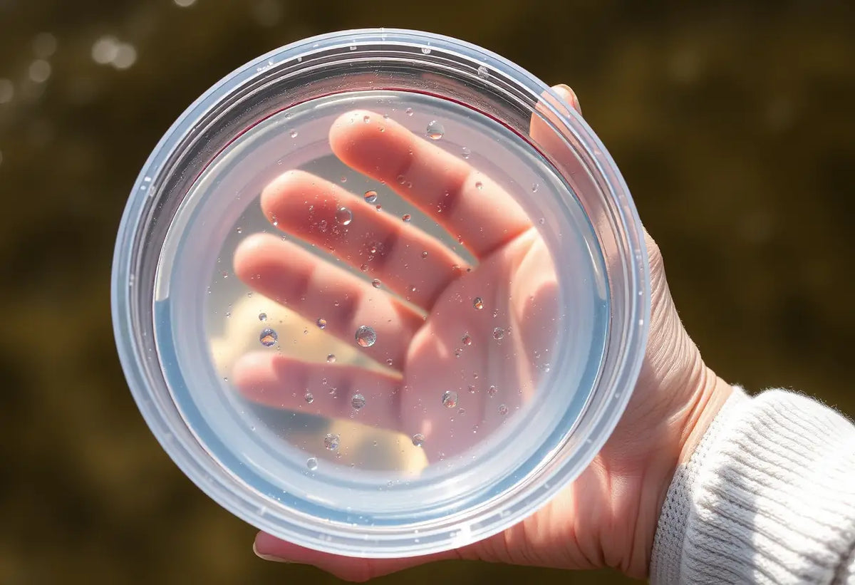 Une main gantée tient un récipient d'eau