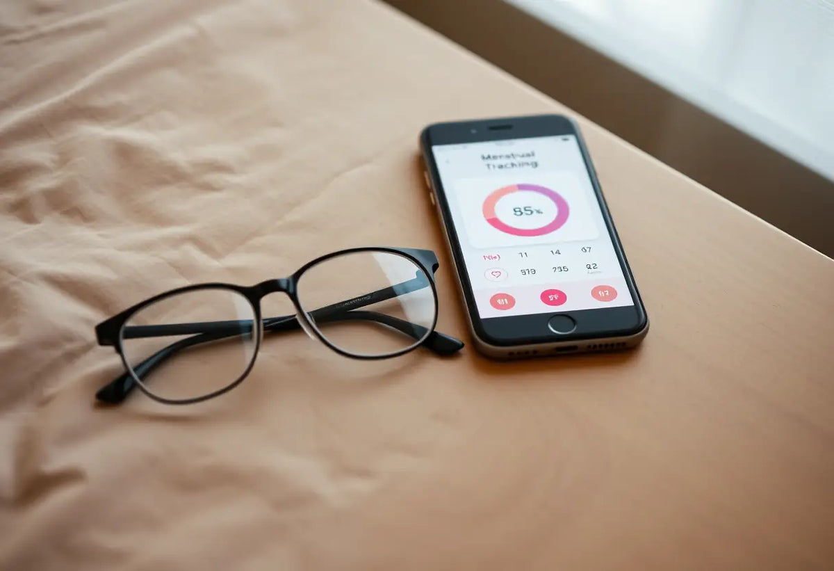 Lunettes et smartphone sur la table de chevet avec des applications de suivi menstruel