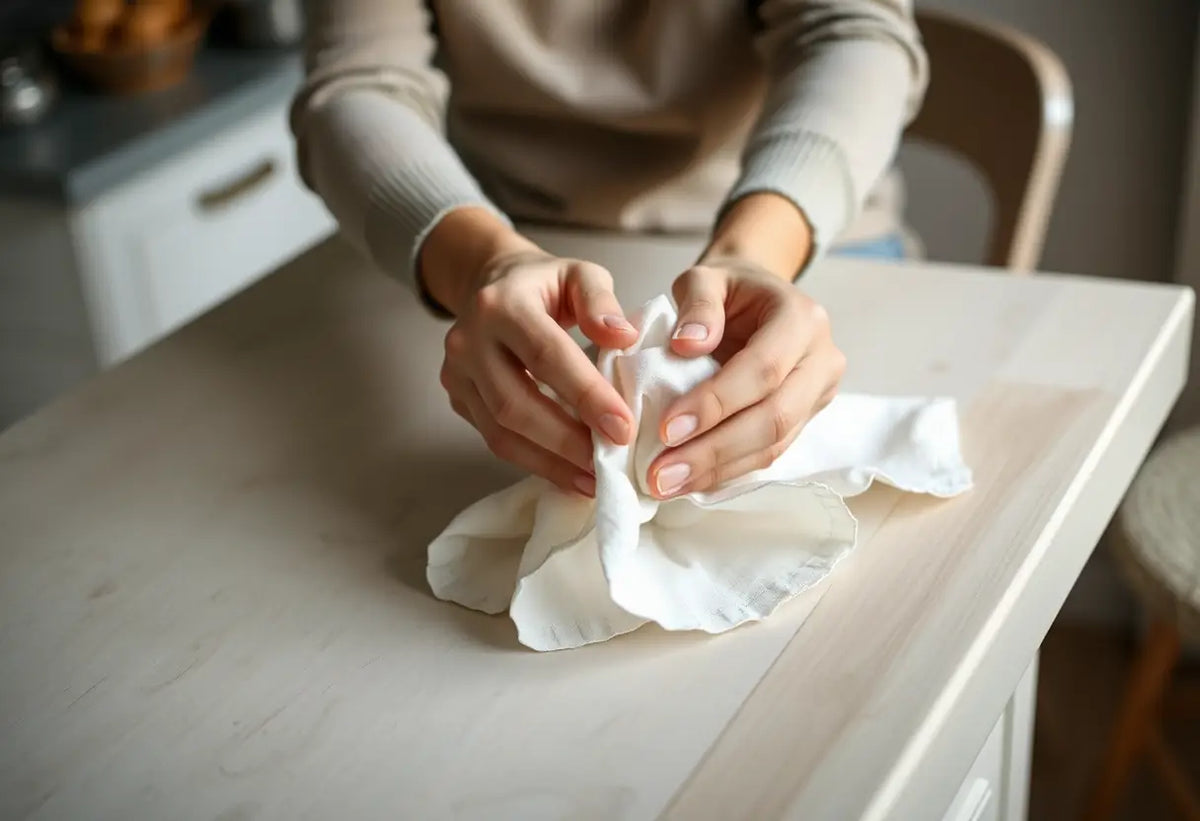 Mains pliant serviette dans cuisine, symbolisant la minutie requise