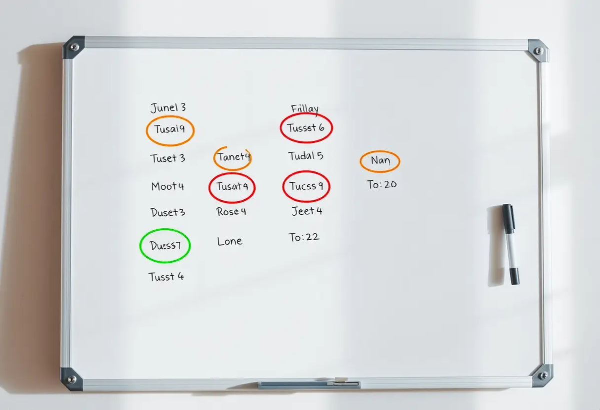 tableau blanc avec dates marquées pour calculer les périodes fertiles selon la méthode Ogino-Knaus