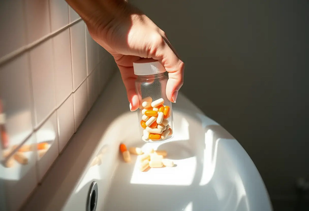 Une main tenant une bouteille de comprimés dans une salle de bains