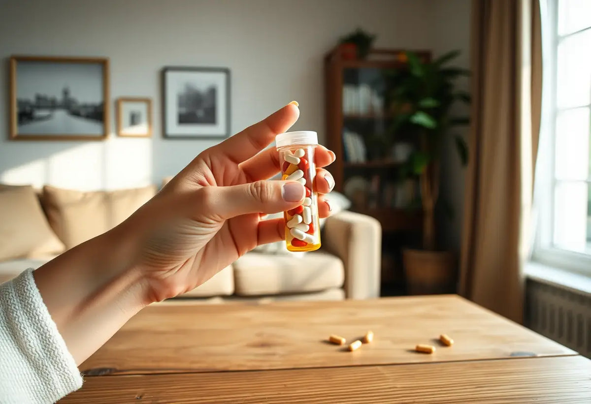 Main de femme tenant un tube de comprimés sur une table en bois, contraception féminine