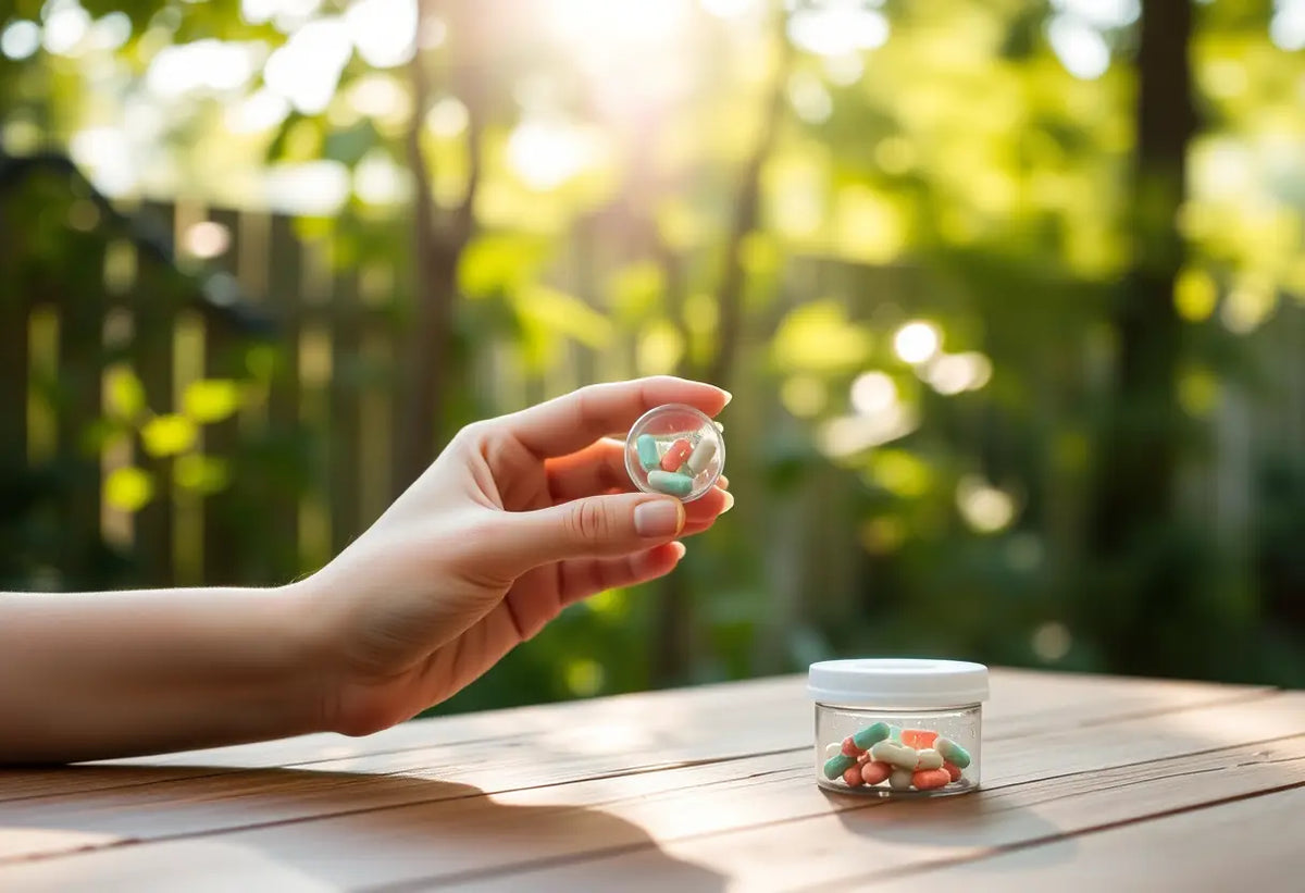Une main féminine tient un contenant circulaire de pilules en plastique sur une table en bois dans un jardin