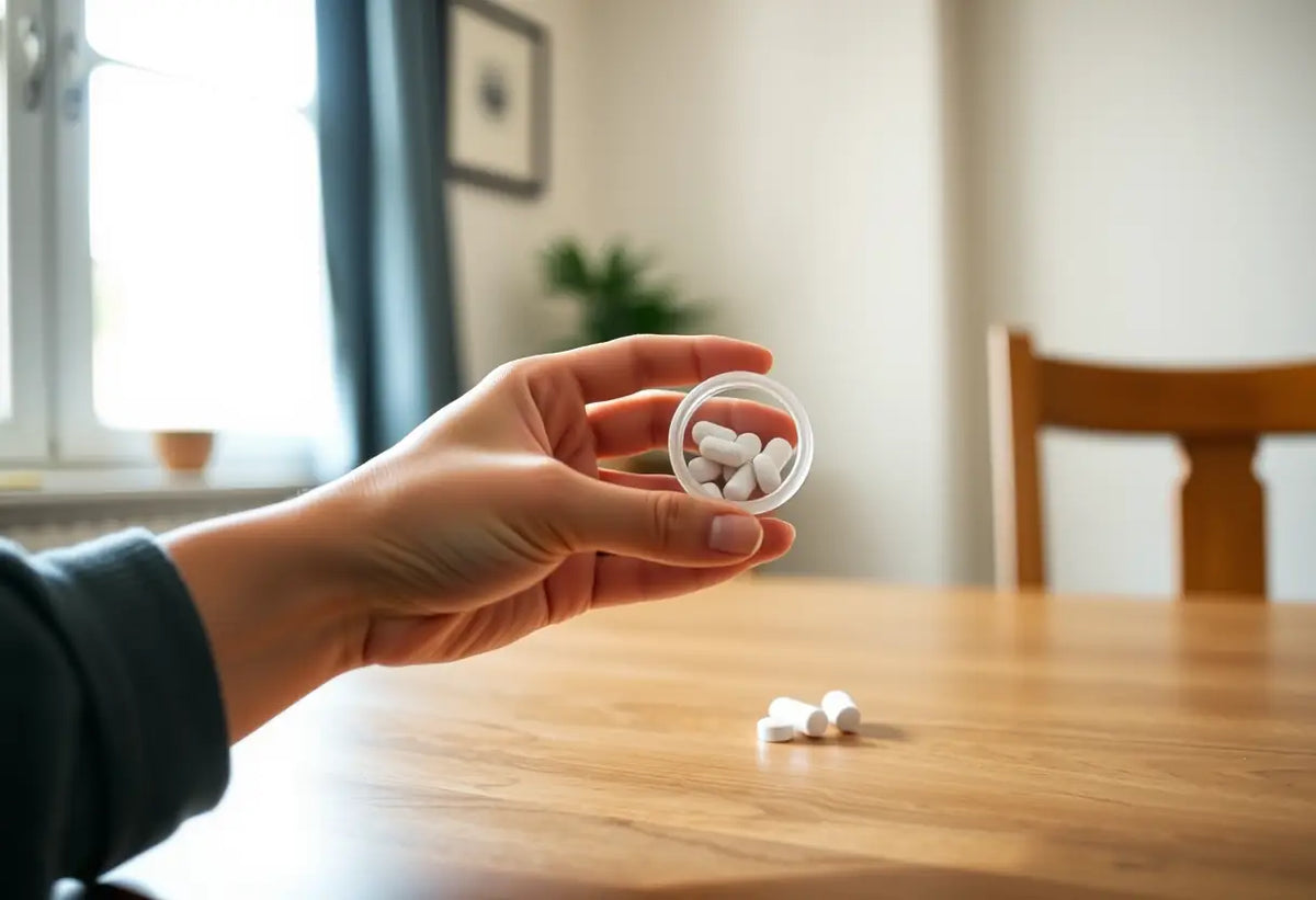 Une main féminine tenant un petit contenant en plastique avec des médicaments sur une table en bois, lumière naturelle