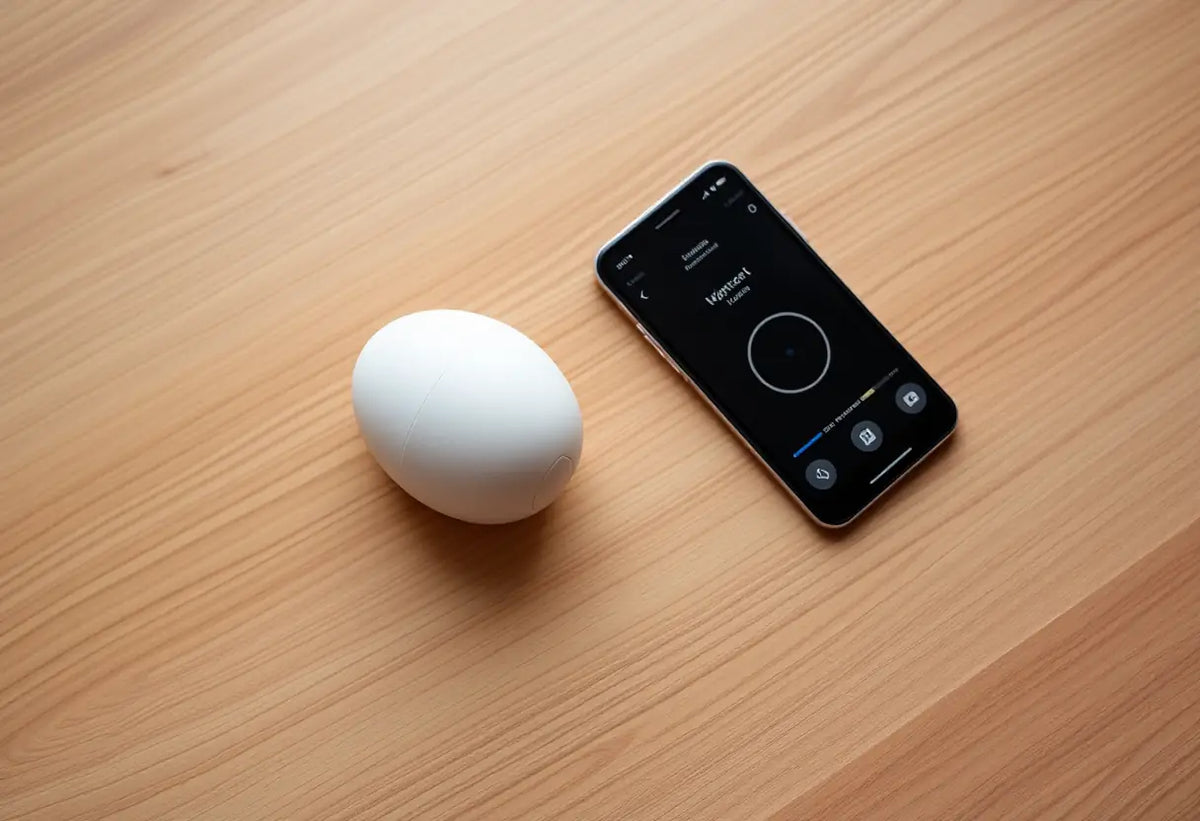 Oeuf vibrant connecté posé sur une table avec un téléphone