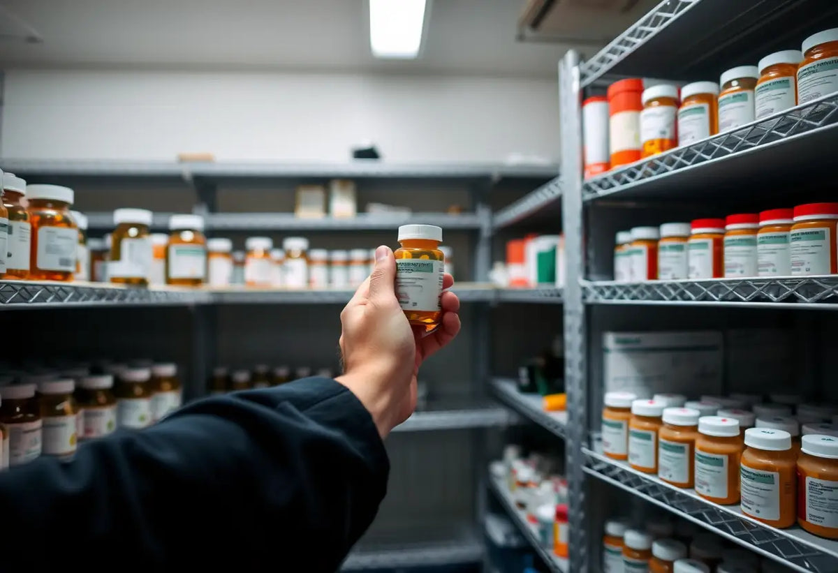 Une main remettant une bouteille de médicament sur une étagère métallique
