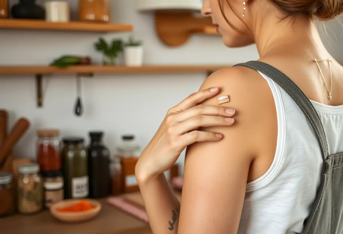 Main dans la cuisine appliquant un patch contraceptif parmi des épices et des herbes