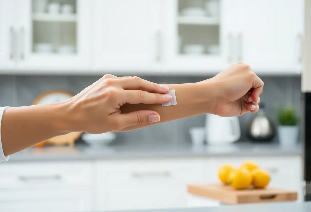 Main de femme appliquant un patch contraceptif sur son bras en cuisine