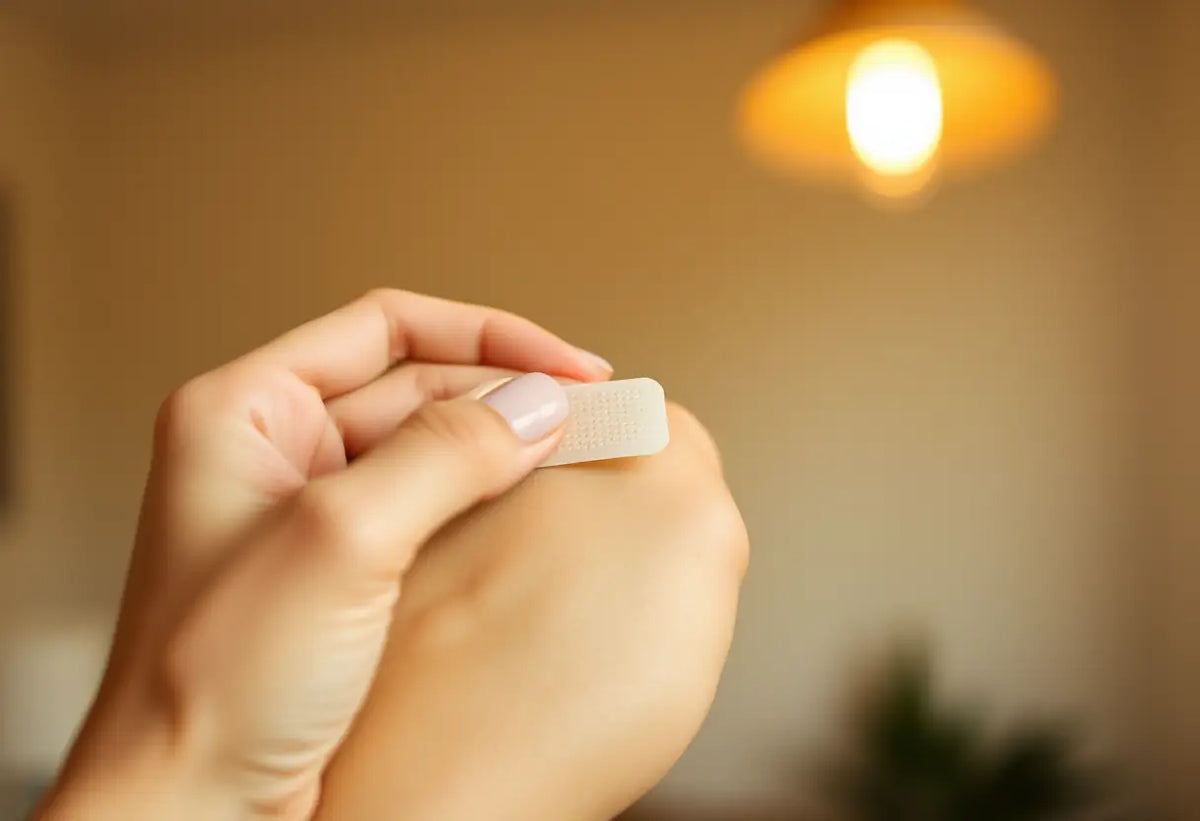 Un poignet féminin retire doucement un patch contraceptif