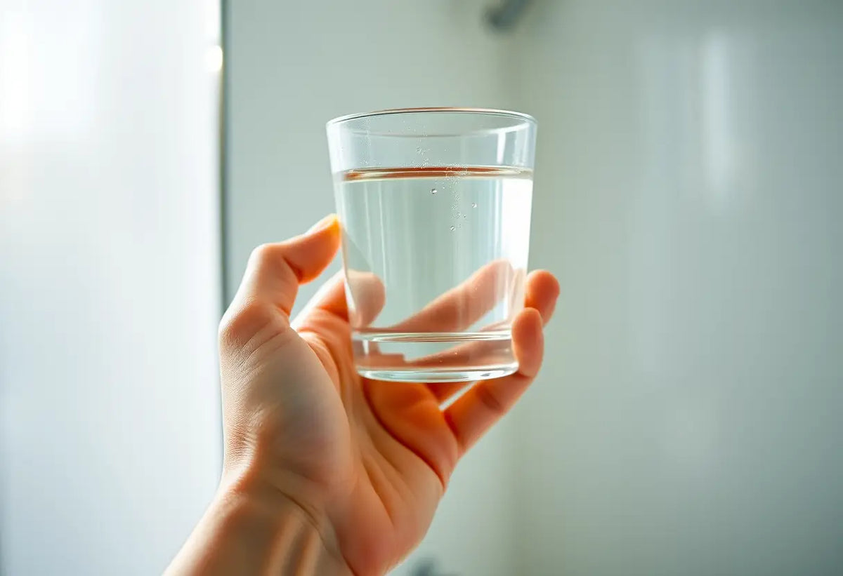 Une main tenant un verre d'eau dans un miroir de salle de bains