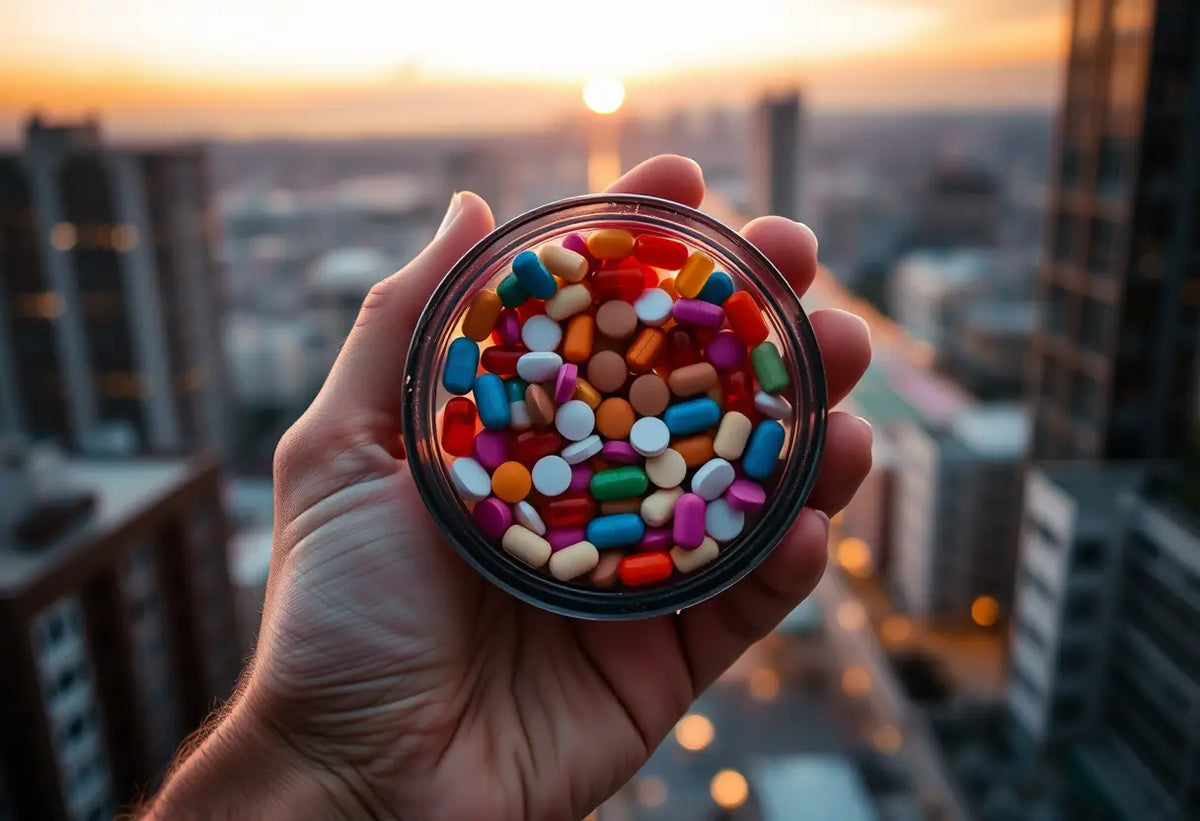 Une main tenant un contenant en plastique avec des comprimés colorés, en arrière-plan une ville au crépuscule
