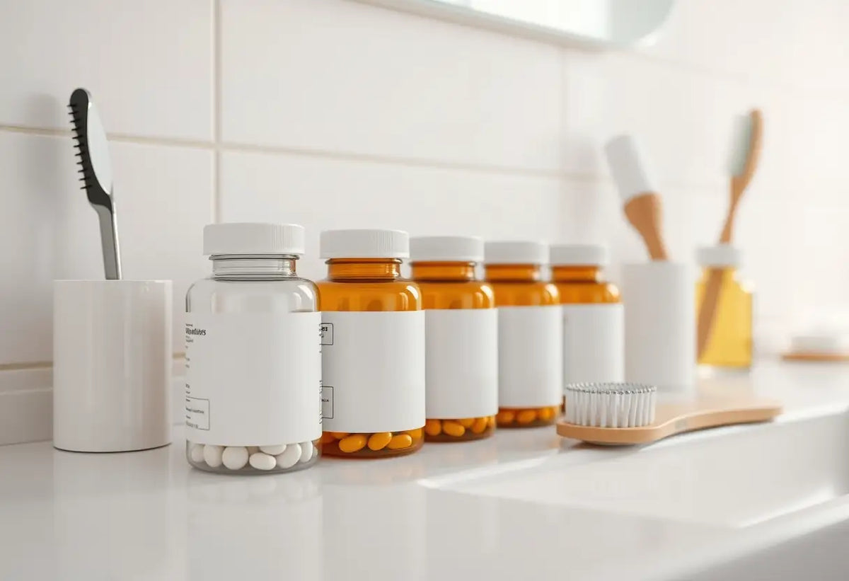 Des bouteilles de comprimés alignées sur une tablette de salle de bain