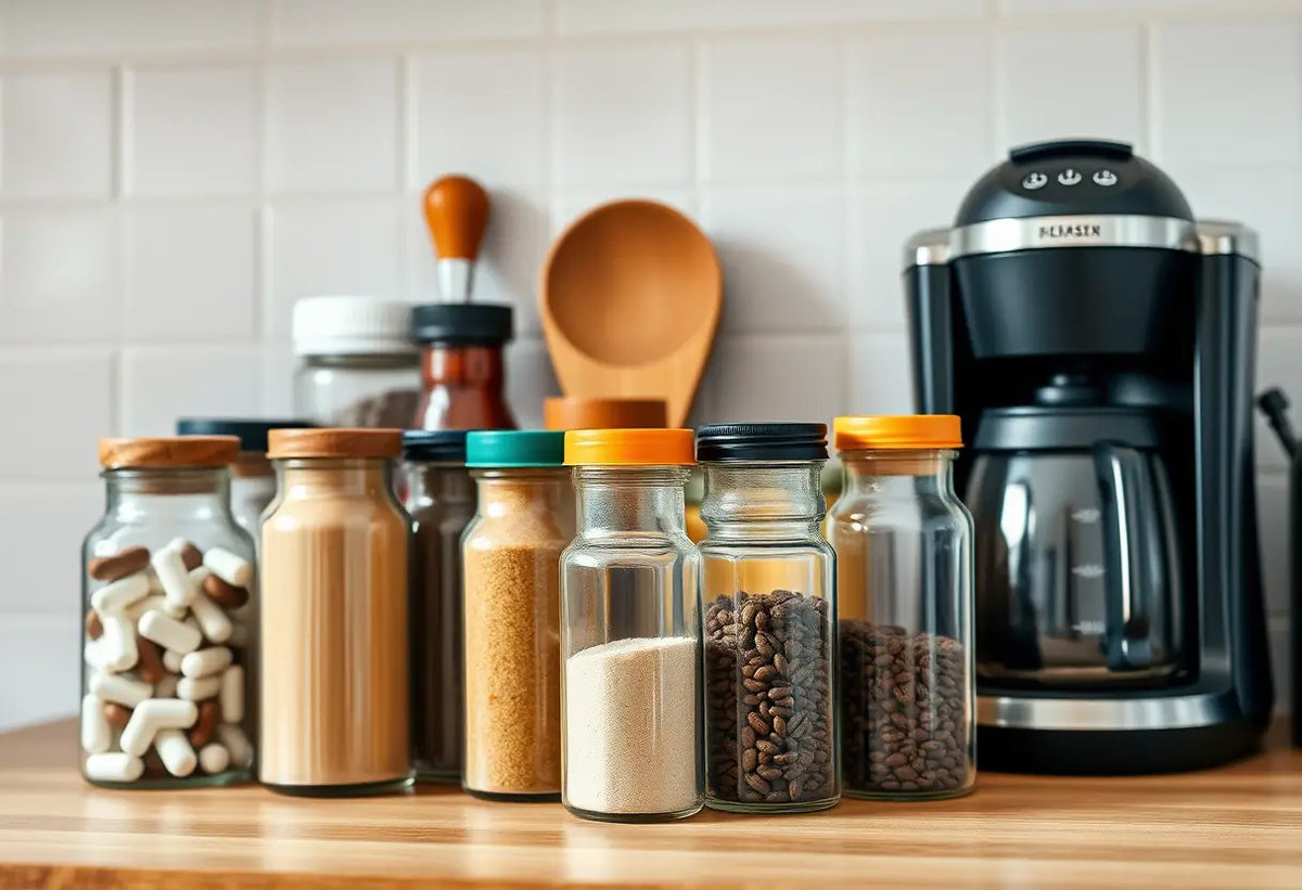 Étagère de cuisine avec des bocaux à épices et une cafetière