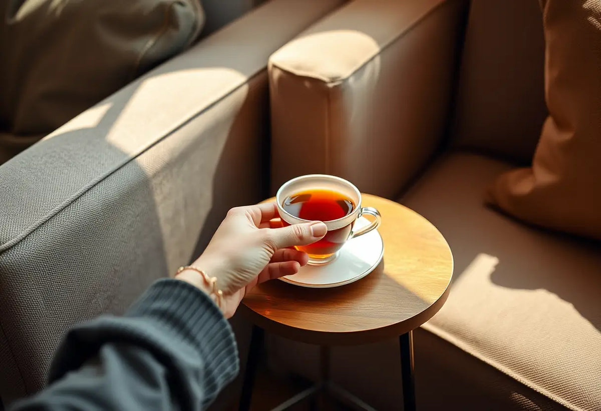 Une main féminine tenant une tasse de thé sur une petite table près d'un canapé, lumière matinale chaude