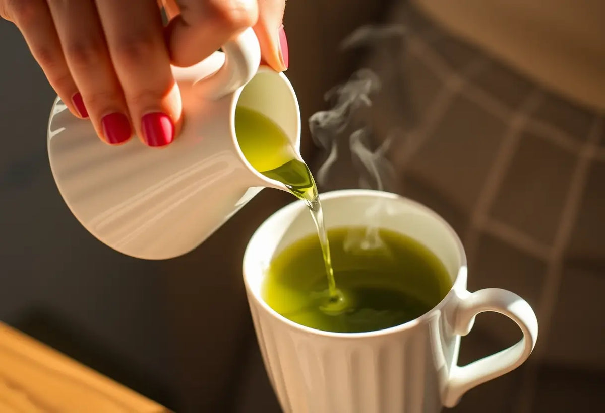 Main versant une tasse de thé vert
