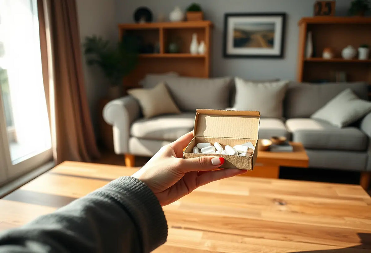 Une main féminine tenant une boîte contenant des médicaments, posée sur une table en bois dans un salon chaleureux, contraception d'urgence