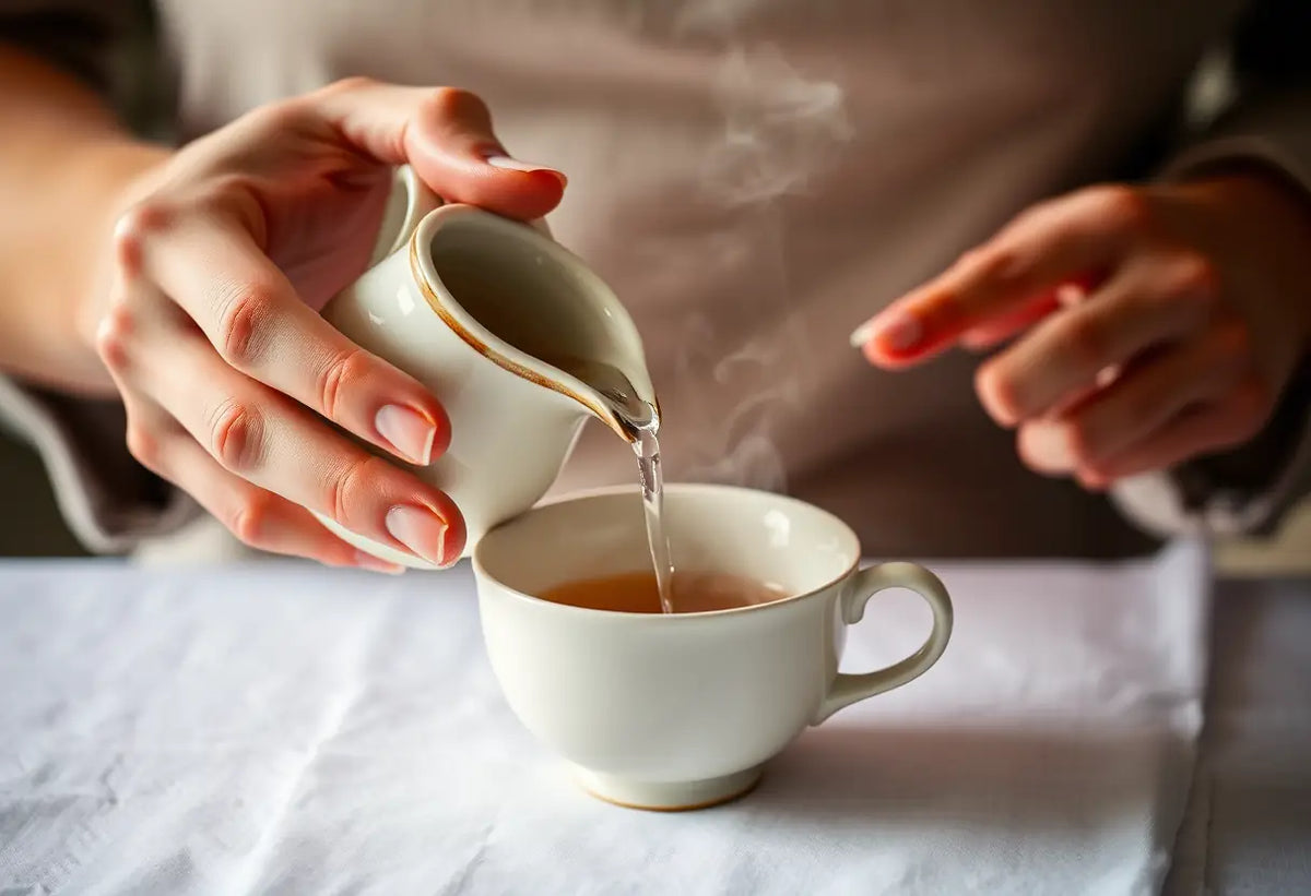 Des mains versant de l'eau chaude dans une tasse de porcelaine, vapeur doucement évaporée