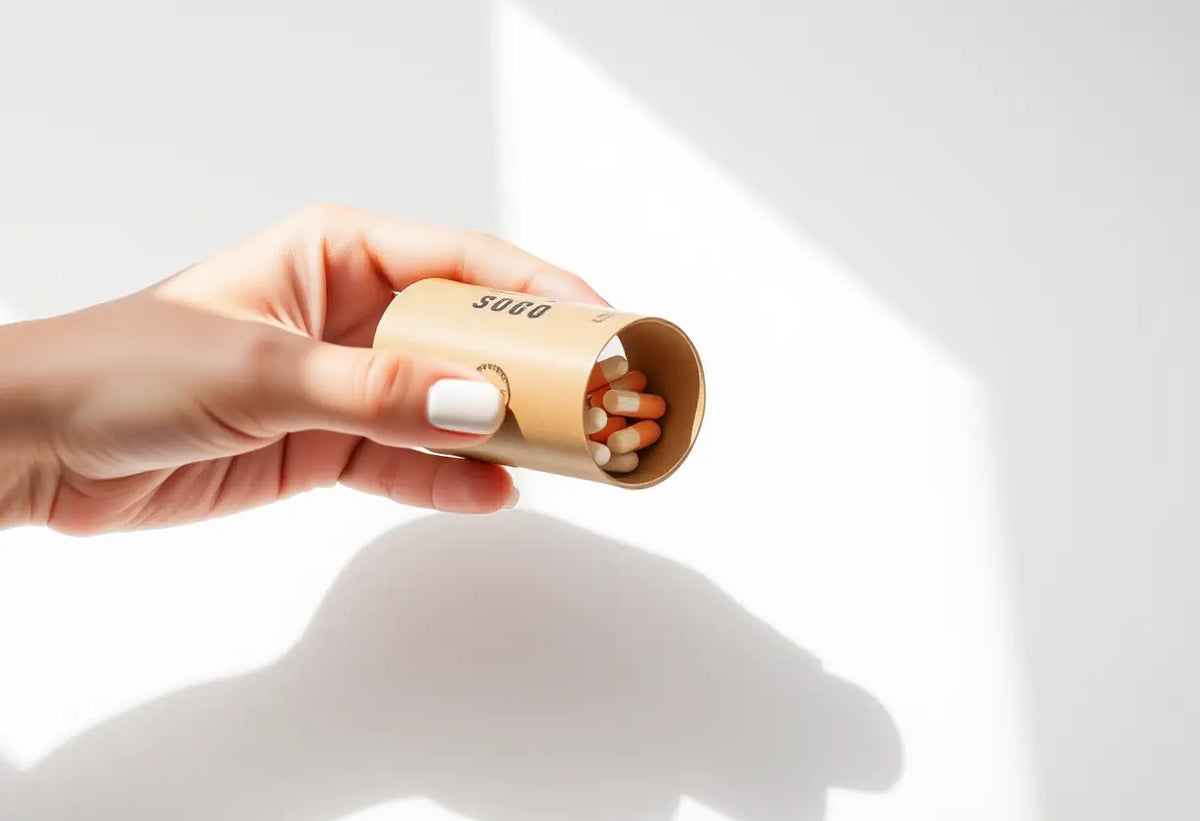 Une main féminine tient un tube cartonné contenant des médicaments