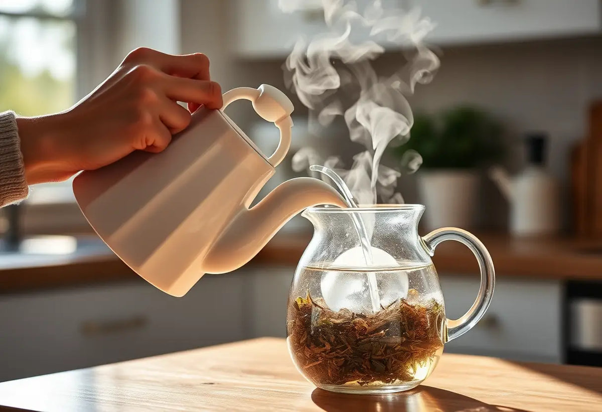 Une main verse de l'eau chaude d'une bouilloire en porcelaine blanche dans une théière en verre remplie d'herbes sèches, dans une cuisine ensoleillée.