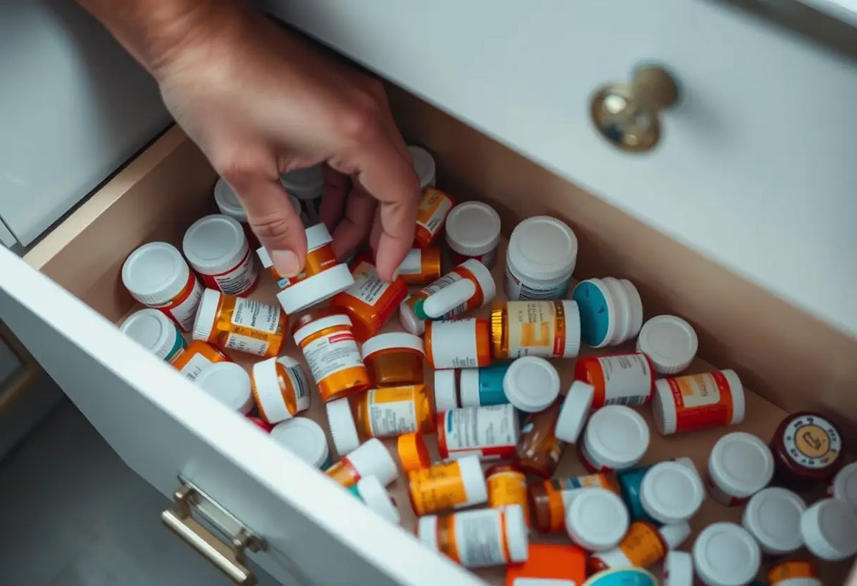 Un tiroir contenant plusieurs bouteilles de médicaments