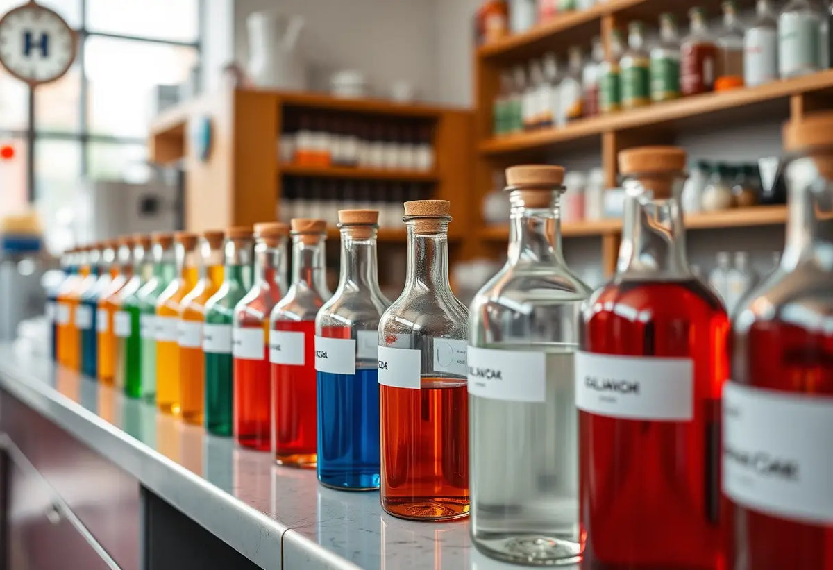 Un alignement de bouteilles en verre contenant des liquides colorés, posées sur un comptoir dans une pharmacie
