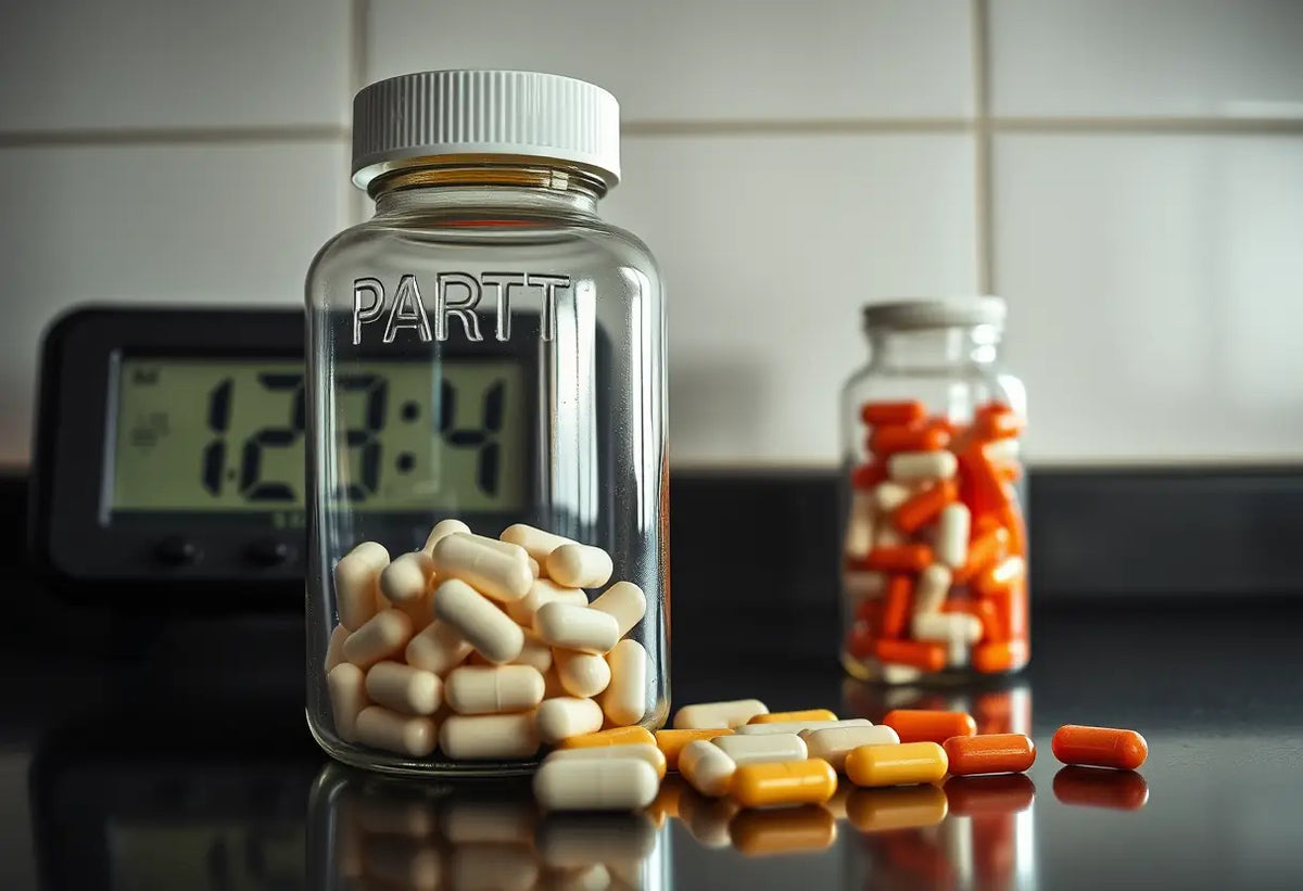 Compte-rendu de contraception : une table avec une horloge et une bouteille de médicaments