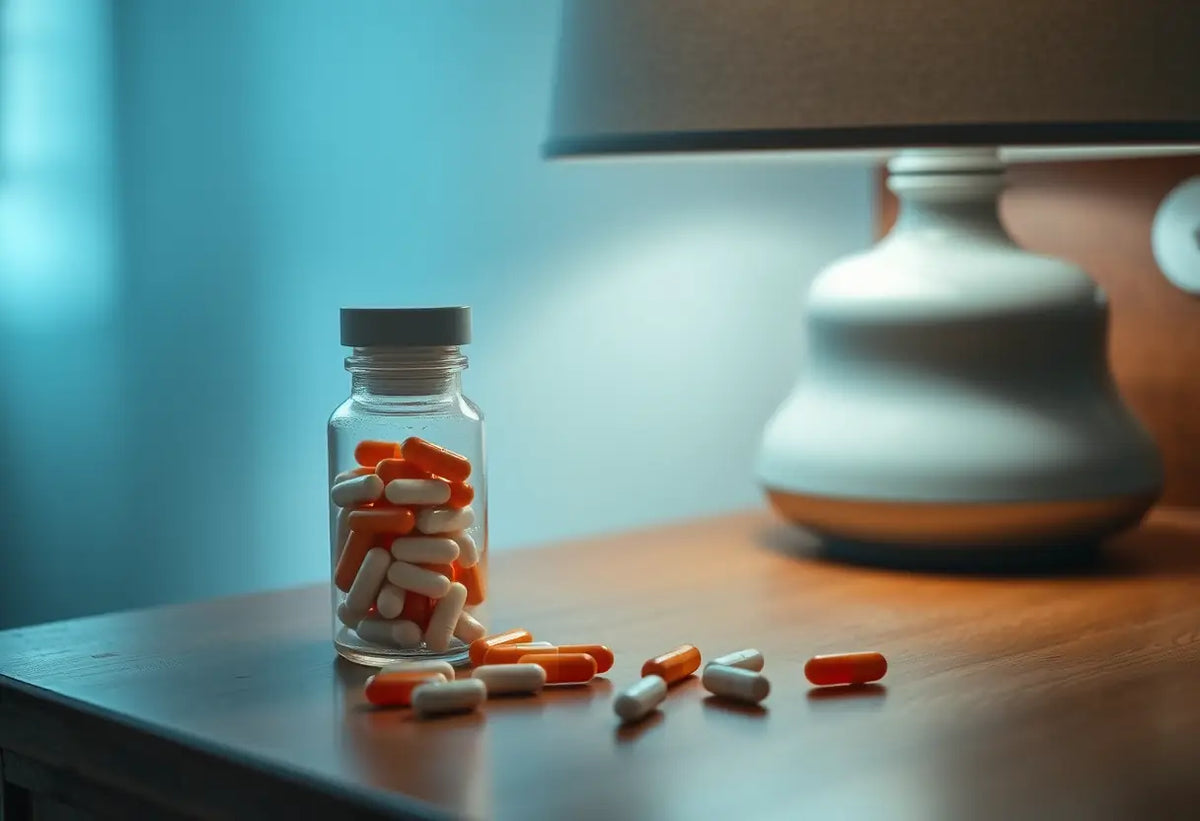 Bouteille de médicaments sur une table de nuit