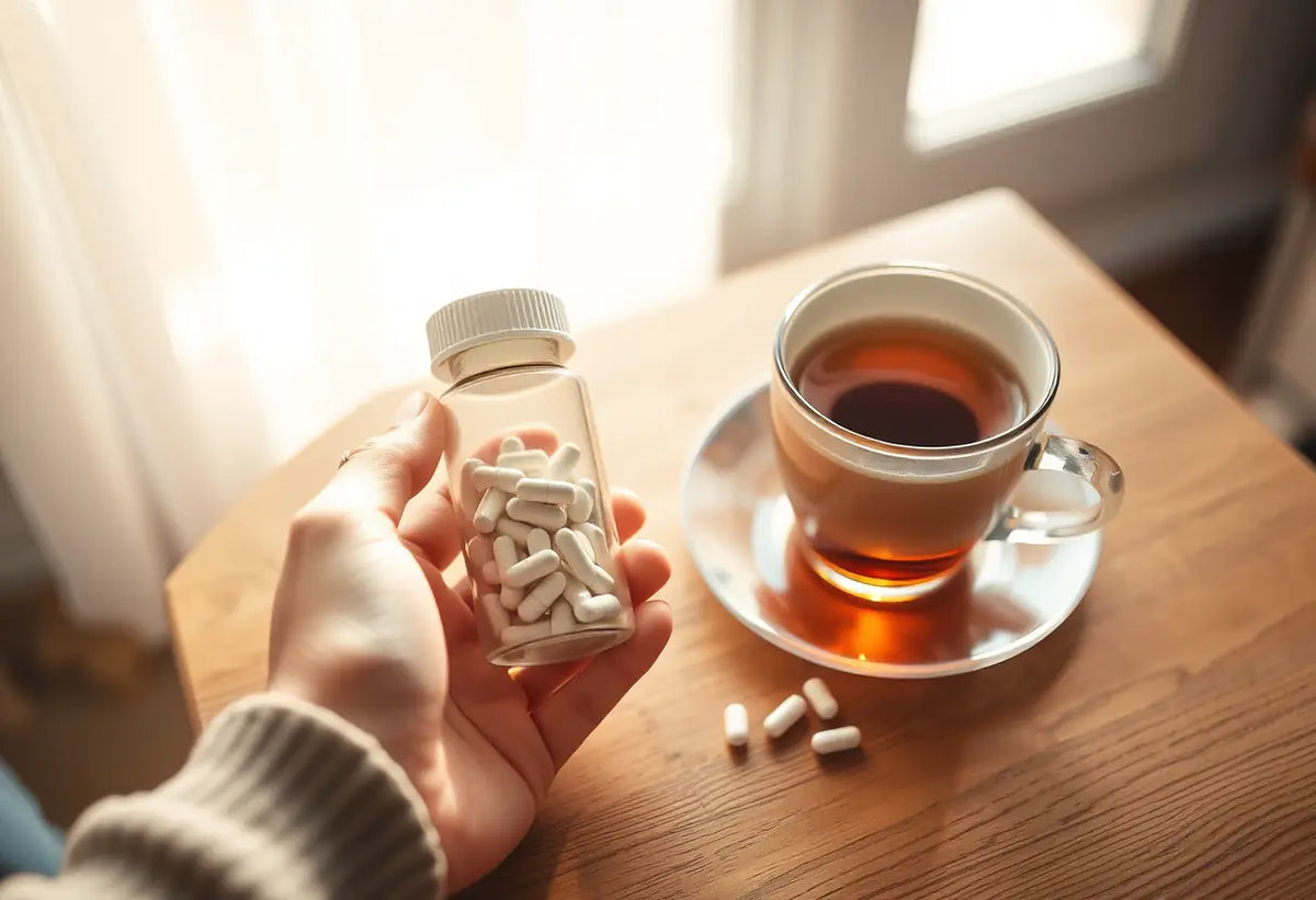 Une main féminine tient une petite bouteille blanche avec des comprimés près d'une tasse de thé, rappelant l'usage de la pilule du lendemain.
