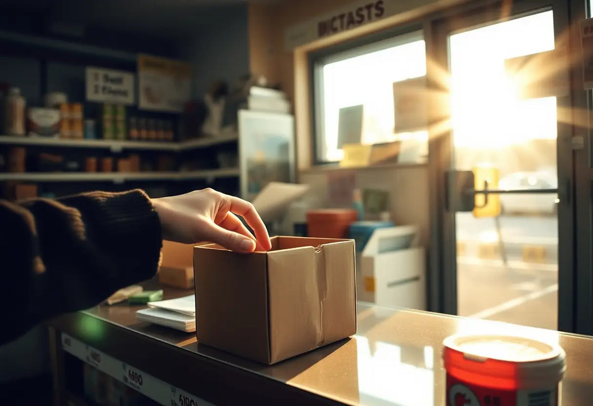Une main tendue vers une boîte en carton sur un comptoir d'épicerie