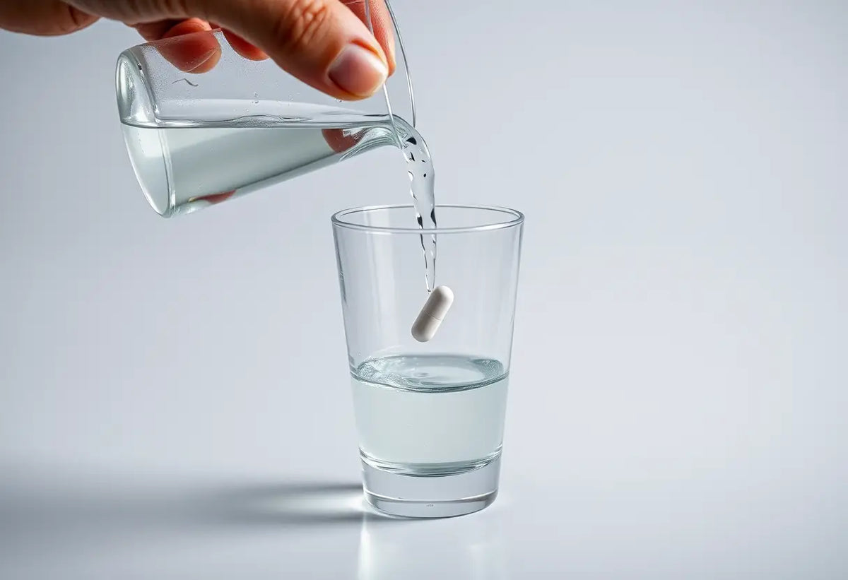 Une main qui verse de l'eau dans un verre avec une seule pilule flottant dessus