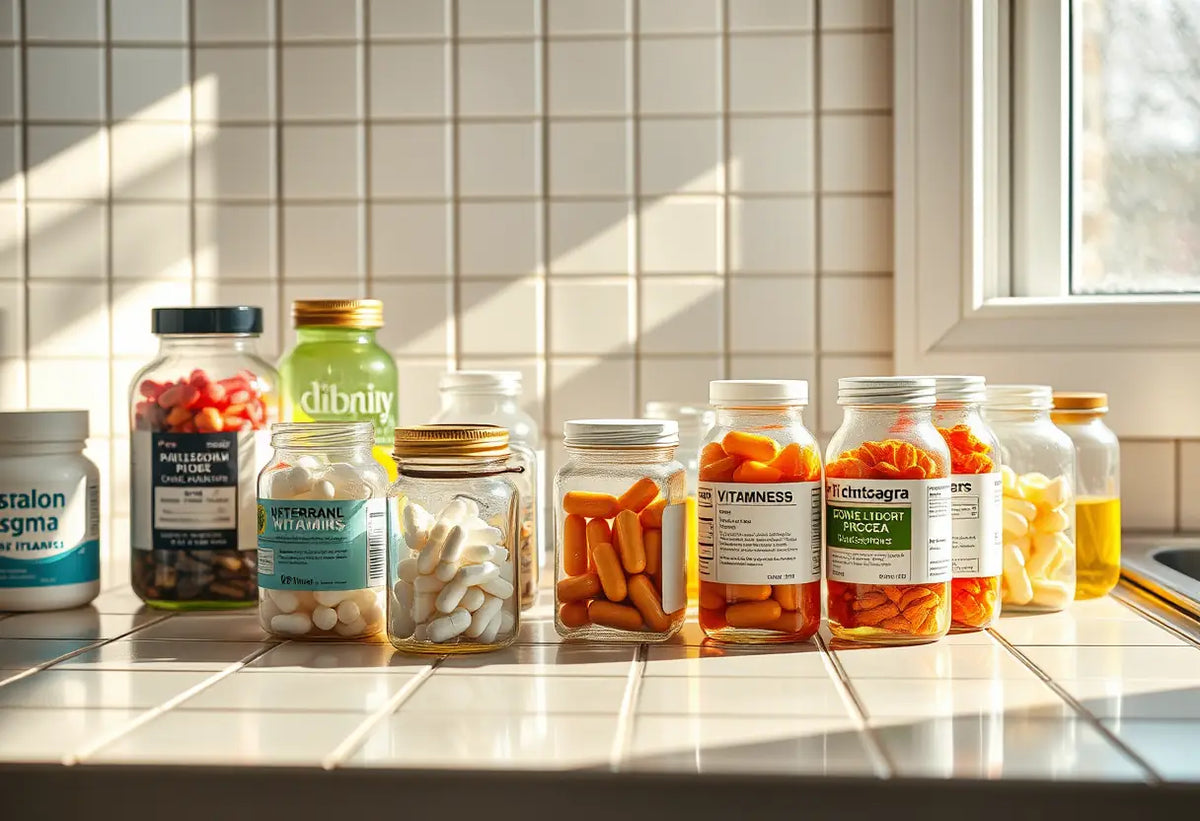 Un comptoir de cuisine avec des bocaux contenant des médicaments sous la lumière du soleil