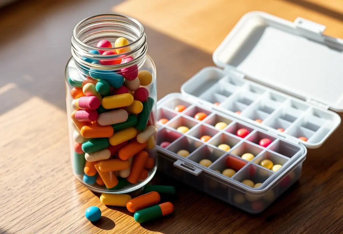 Une bouteille en verre pleine de comprimés colorés sur une table en bois avec un distributeur de médicaments ouvert, lumière naturelle