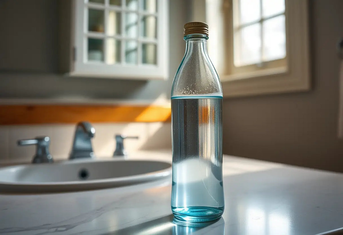 Un flacon de verre rempli d'eau posé sur un meuble de toilette, éclairé par la lumière du matin