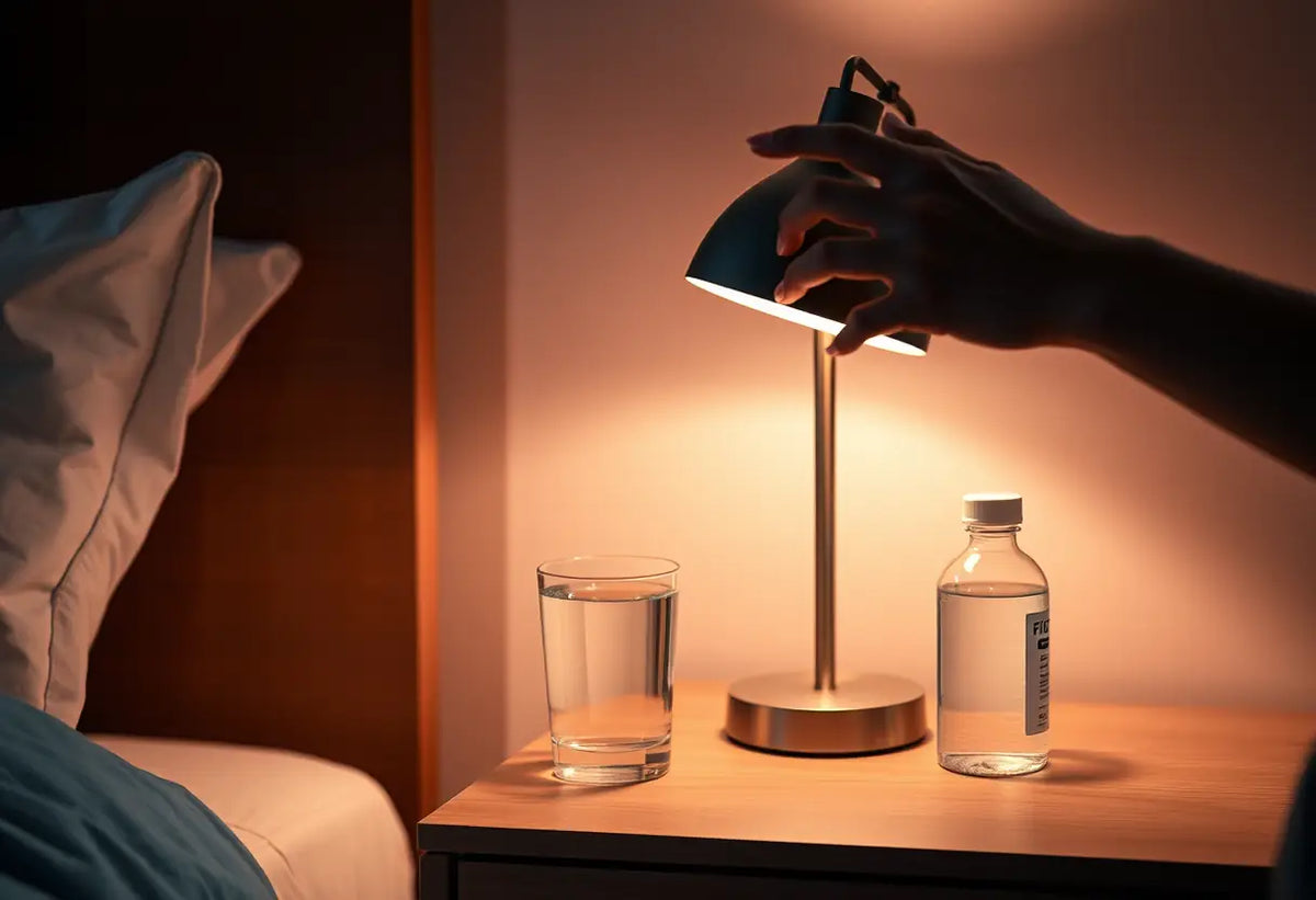 La main d'une femme allume une lampe sur une table de chevet, éclairant doucement une tasse d'eau et un flacon de comprimés.