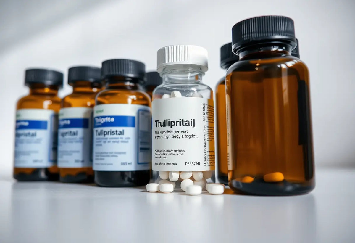 Des bouteilles de médicaments alignées sur un comptoir blanc, l’une contient des comprimés ronds d’ulipristal, éclairé par une lumière douce, contraception d'urgence