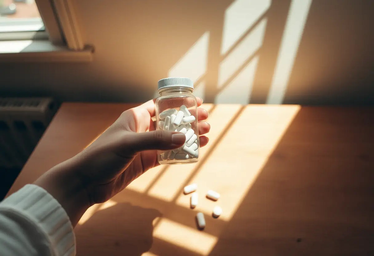 Une main féminine tenant une bouteille de comprimés, éclairée par la lumière du jour