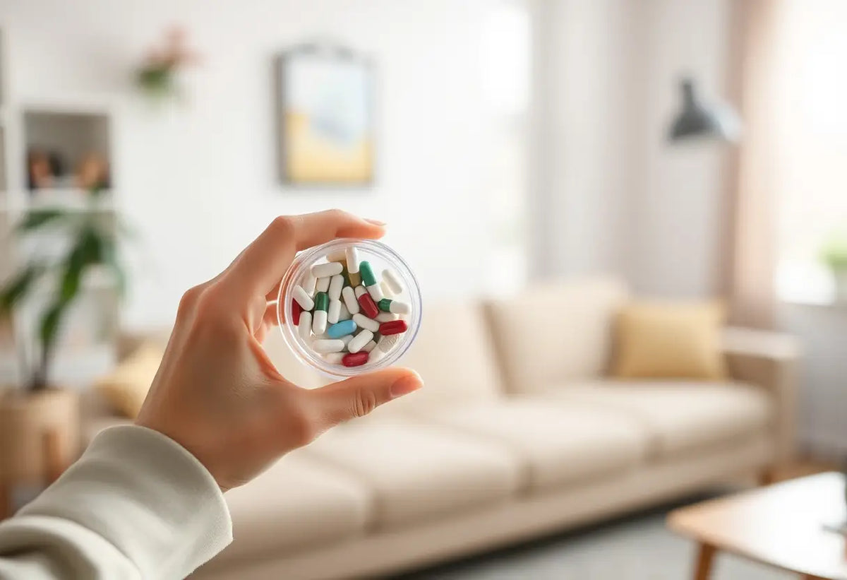 Main de femme tenant un conteneur circulaire de comprimés, dans un salon