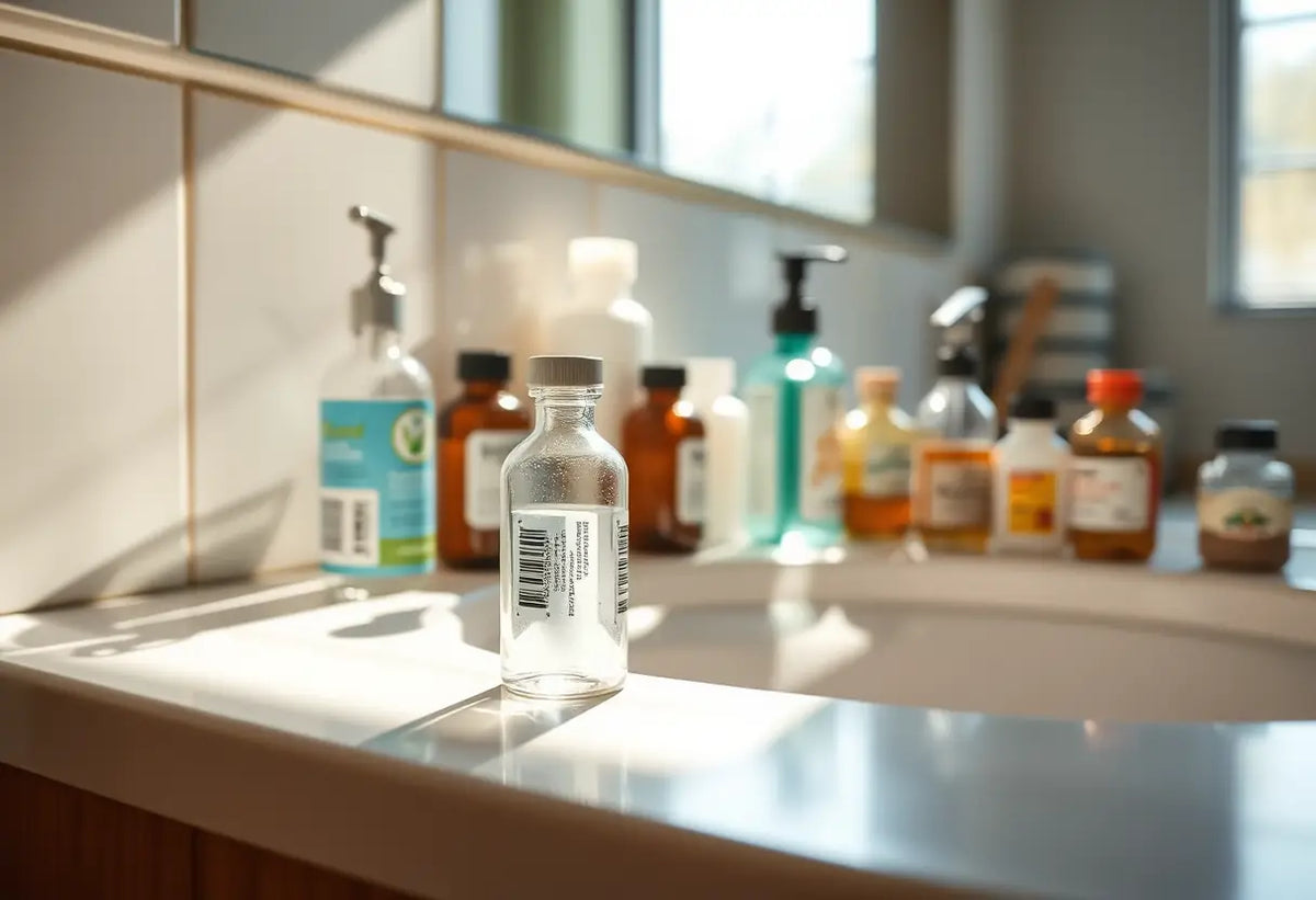 Un meuble de toilette avec divers bouteilles, dont une qui ressemble à un contenant de médicaments