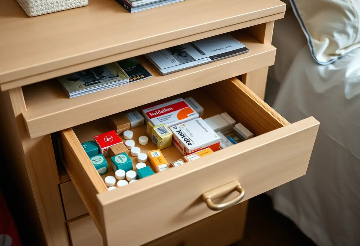 Un tiroir de commode contenant des boîtes à médicaments et des documents médicaux